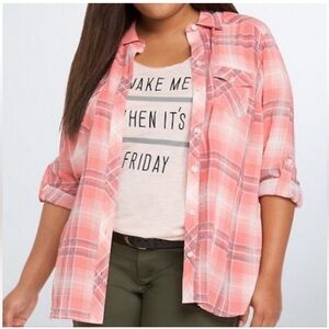 Torrid Pink/Peach Plaid Roll Up Shirt - Size 2 EUC